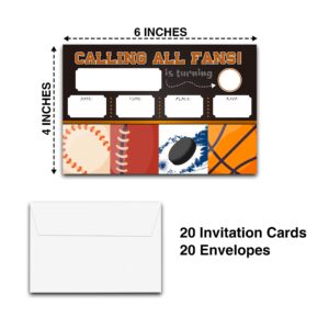 DETIHO 4" x 6" Sports Theme Birthday Party Invitation Cards With Envelopes - Calling All Fans - Basketball Football Hockey All Star Sports Invitation - 20 Sets - E04