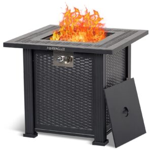 28 inch propane fire pit table, pioneerworks 50000btu rectangle fire table with cover, sturdy steel and iron fence surface, csa safety certified, companion for your garden black