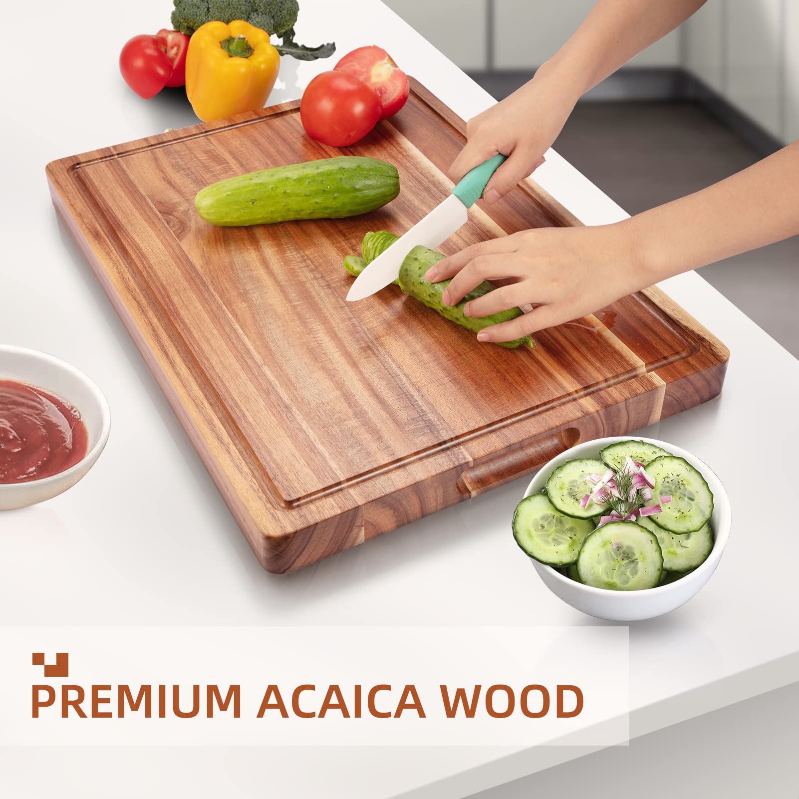 Large Acacia Wood Cutting Boards for Kitchen, 20 x 15 Inch Extra Large Wooden Cutting Board with Juice Groove, Reversible Butcher Block Cutting Board for Meat and Veggies