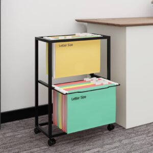 PUNCIA 2 Tiers Metal Rolling File Carts with Wheels Hanging Files for Letter Size Movable Pull-Out File Folder Rack Drawer File Cabinet for Home Office