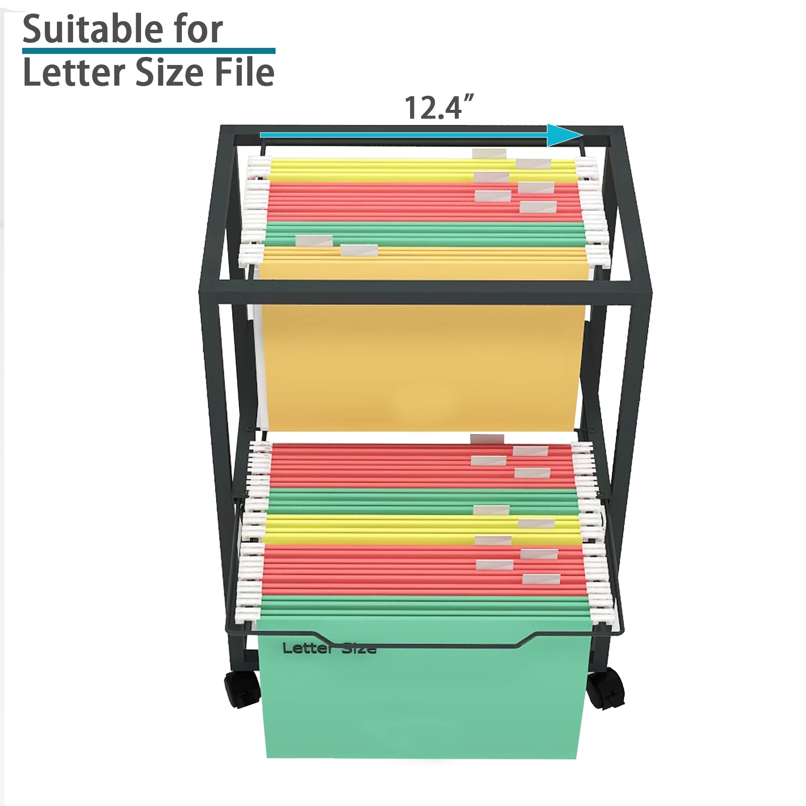 PUNCIA 2 Tiers Metal Rolling File Carts with Wheels Hanging Files for Letter Size Movable Pull-Out File Folder Rack Drawer File Cabinet for Home Office