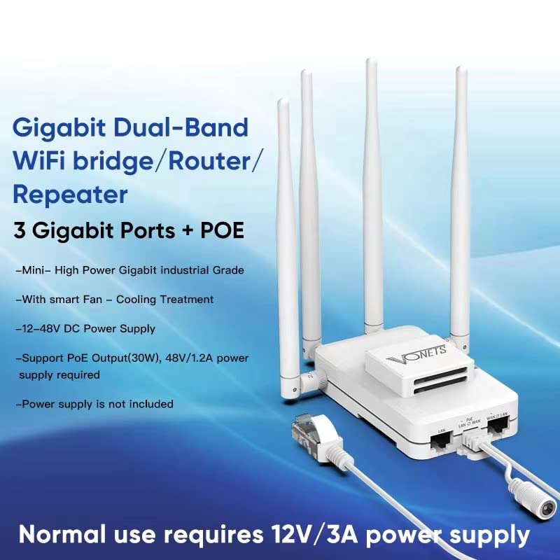 VONETS VAR1200 Industrial Gigabit Dual Band WiFi Bridge/Router 1200Mbps WiFi to Ethernet Adapter with Intelligent Fan, 3 Gigabit Port, POE, DC/USB Powered for Industrial Network Medical Device