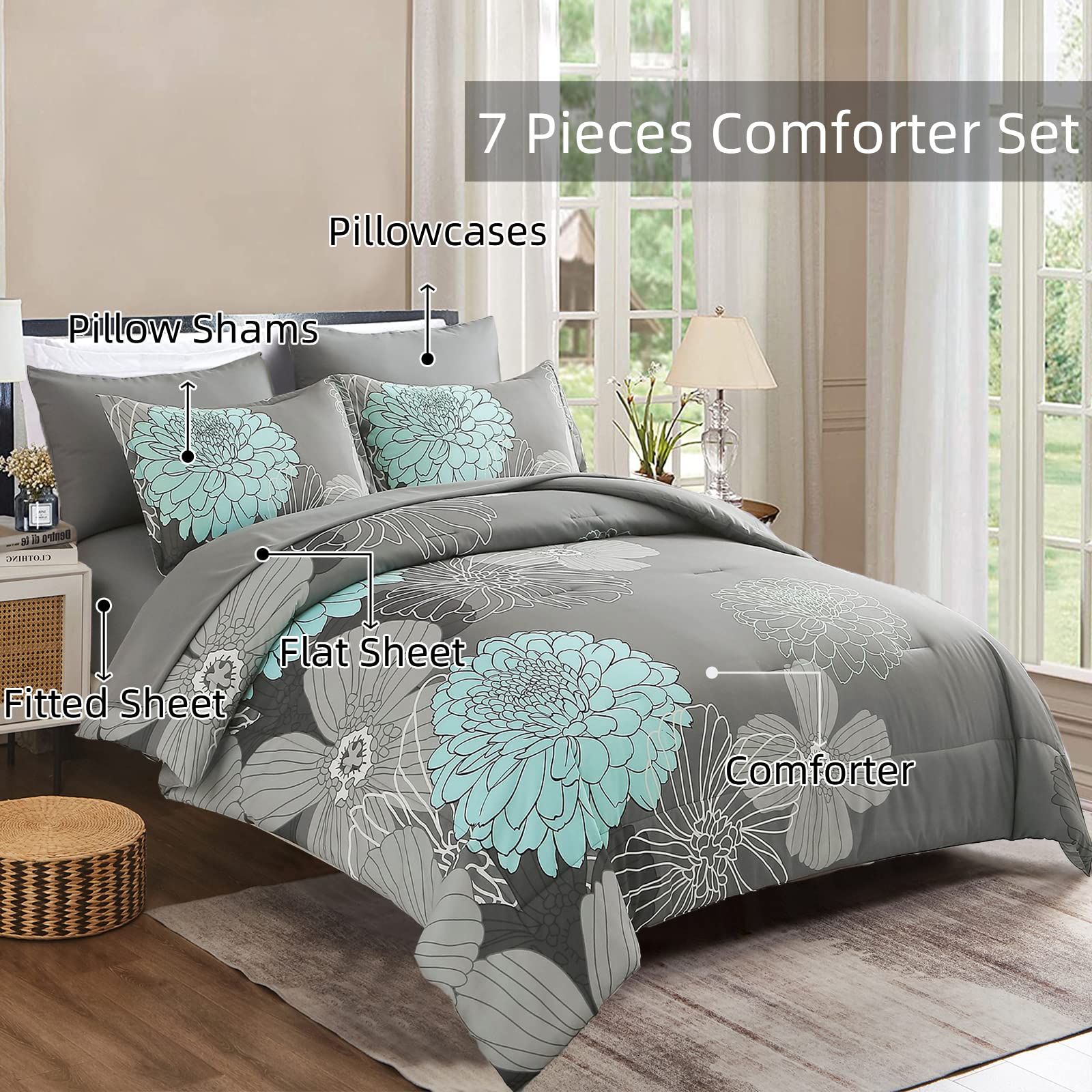 Yiran 7 Pieces Bed in a Bag Floral Comforter Set Queen Flowers Bedding Set Soft Microfiber Comforter Sets with 1 Comforter 1 Flat Sheet 1 Fitted Sheet 2 Pillowshams and 2 Pillowcases