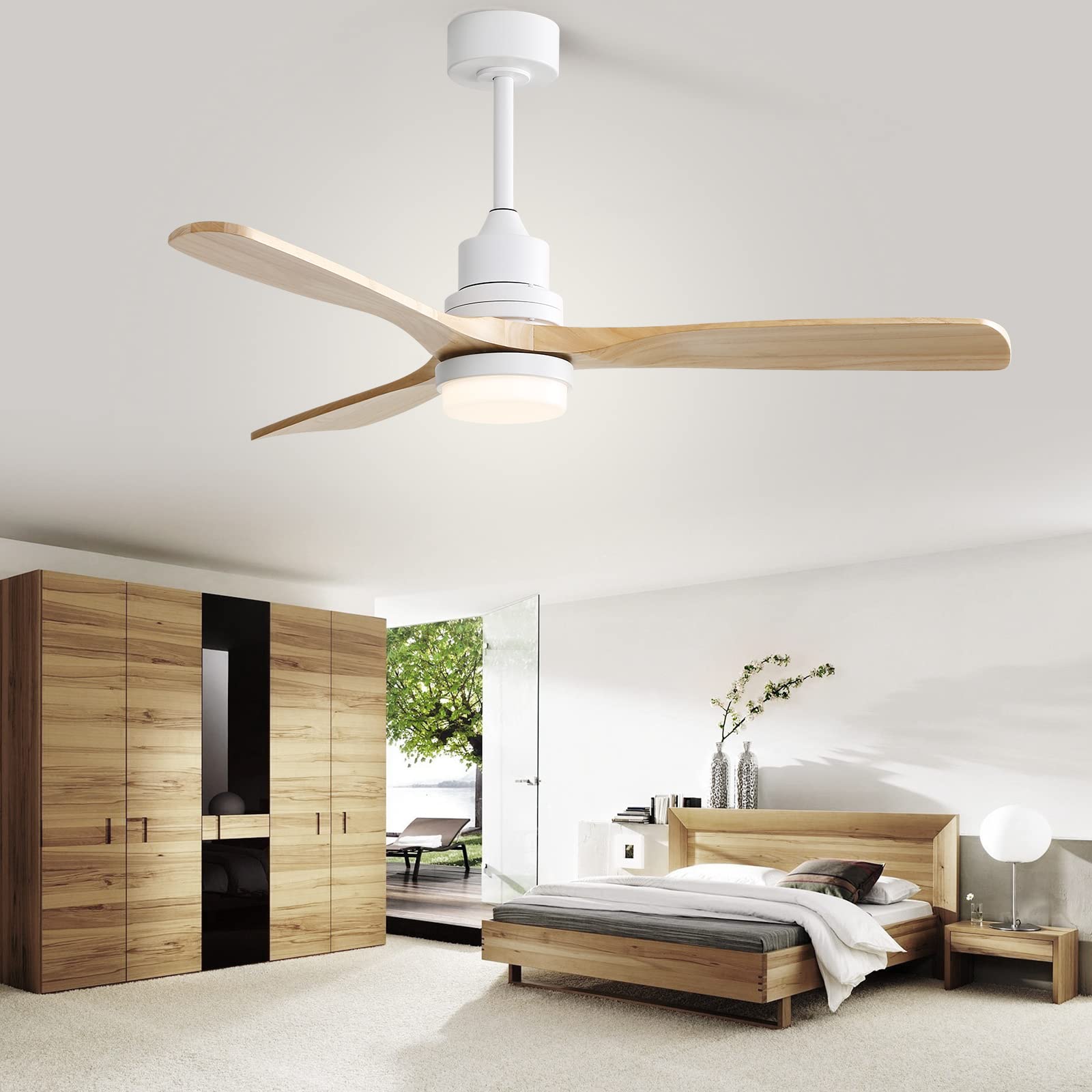 Sofucor 52 Inch Ceiling Fan with Lights Modern Wood Ceiling Fan Remote Control Dimmable LED Light 3 Blades Reversible DC Motor for Farmhouse Bedroom Living Room Patio with Cover(burlywood)