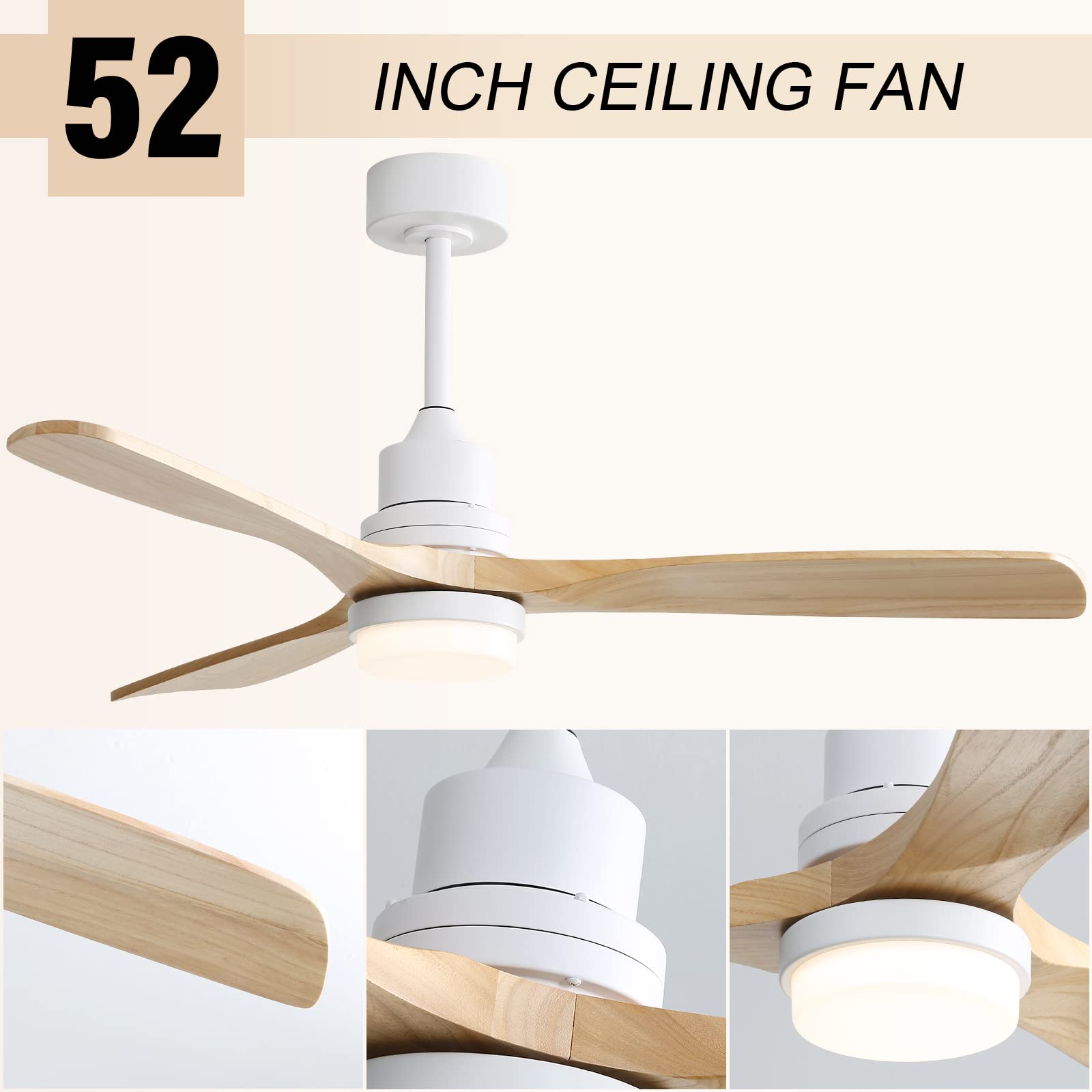 Sofucor 52 Inch Ceiling Fan with Lights Modern Wood Ceiling Fan Remote Control Dimmable LED Light 3 Blades Reversible DC Motor for Farmhouse Bedroom Living Room Patio with Cover(burlywood)