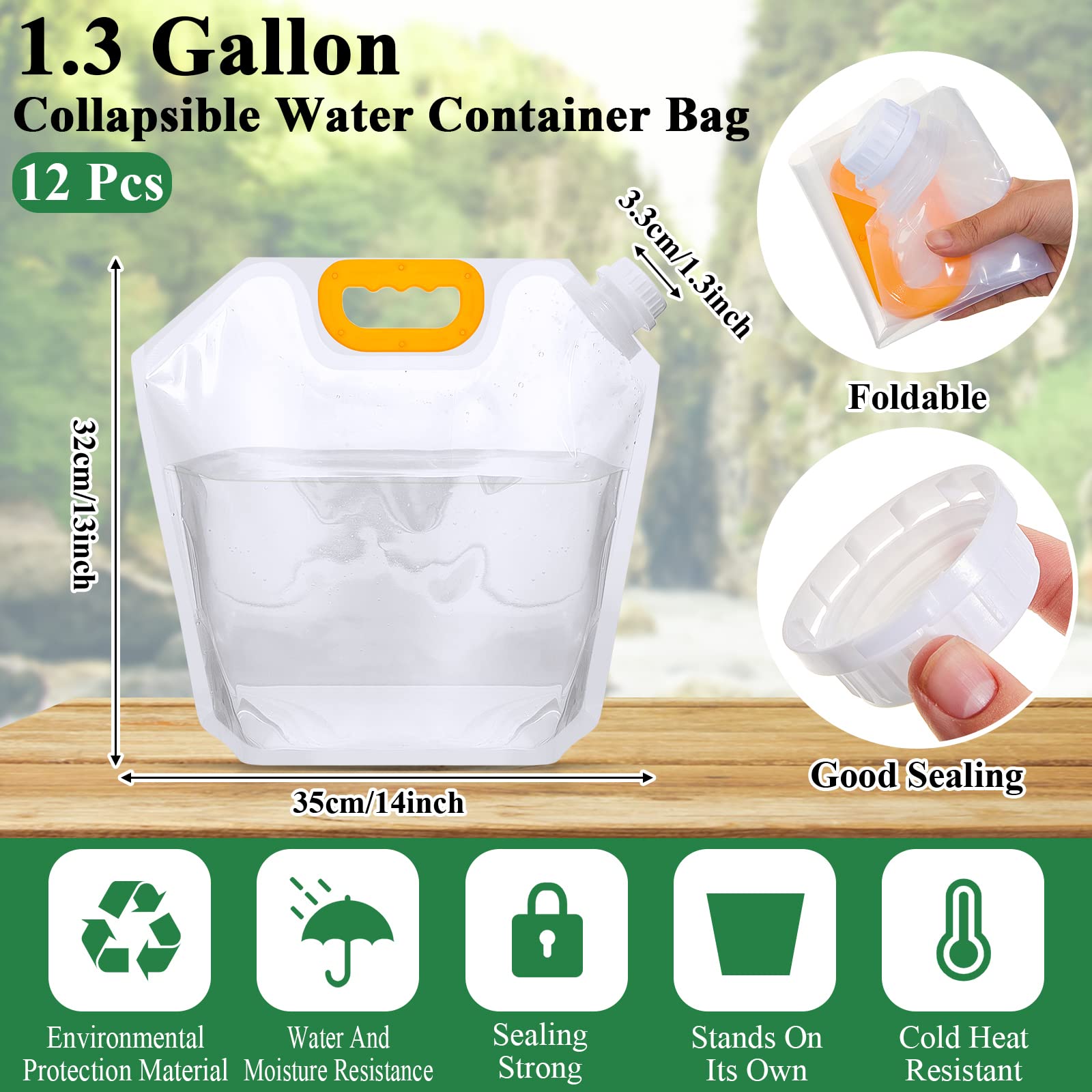 Tessco 12 Pack 1.3 Gallon Collapsible Water Storage Bag Water Container Bag Emergency Jug Plastic Storage Pouch Freezable Water Carrier Tank Foldable Bag for Outdoor Sport Camping (Clear,Blank)