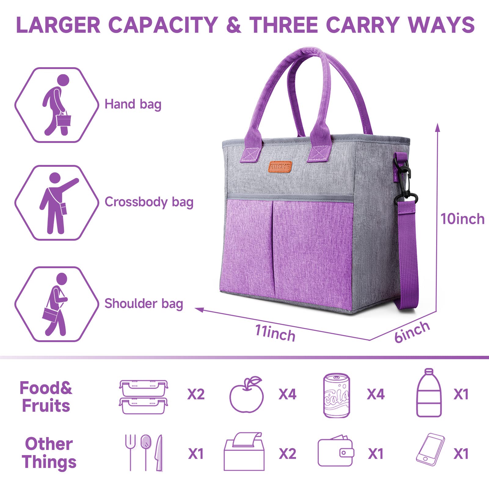 FITHOME Insulated Reusable Lunch Bag for Women/Men, Adult Thermal Tote Lunch Bag with Adjustable Crossbody Strap, Portable Leakproof Cooler Bags for Work/Picnic/Travel