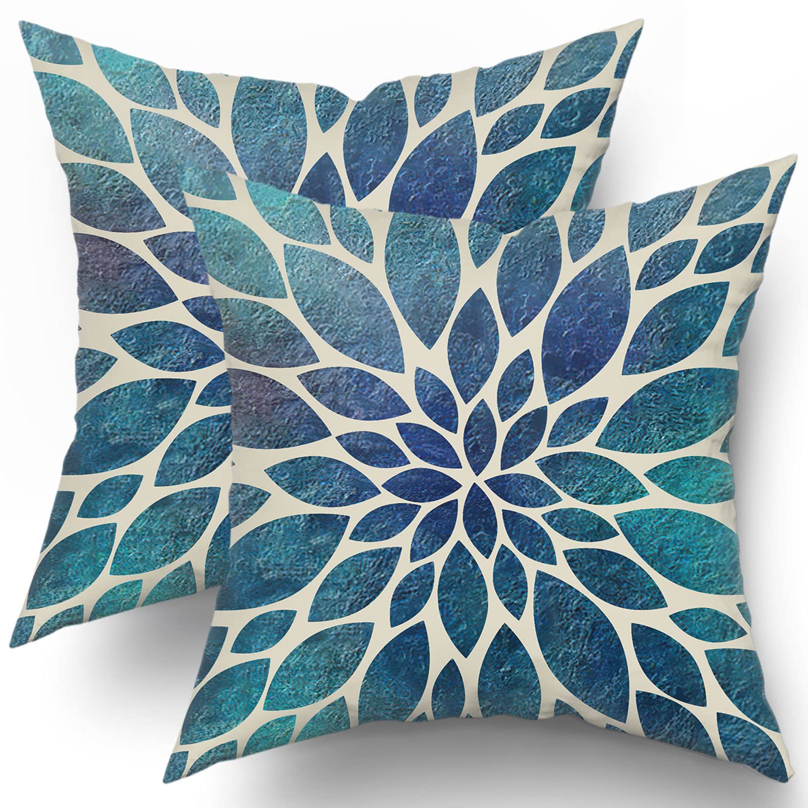 Spring Teal Dahlia Pillow Covers 18X18 in Navy Blue Teal Floral Couch Pillow Cases Modern Abstract Throw Pillows Set of 2 Summer Home Decor for Living Room Bedroom Bed Cushion Outdoor