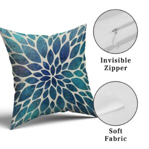 Spring Teal Dahlia Pillow Covers 18X18 in Navy Blue Teal Floral Couch Pillow Cases Modern Abstract Throw Pillows Set of 2 Summer Home Decor for Living Room Bedroom Bed Cushion Outdoor