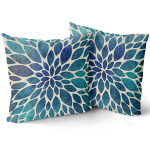 Spring Teal Dahlia Pillow Covers 18X18 in Navy Blue Teal Floral Couch Pillow Cases Modern Abstract Throw Pillows Set of 2 Summer Home Decor for Living Room Bedroom Bed Cushion Outdoor