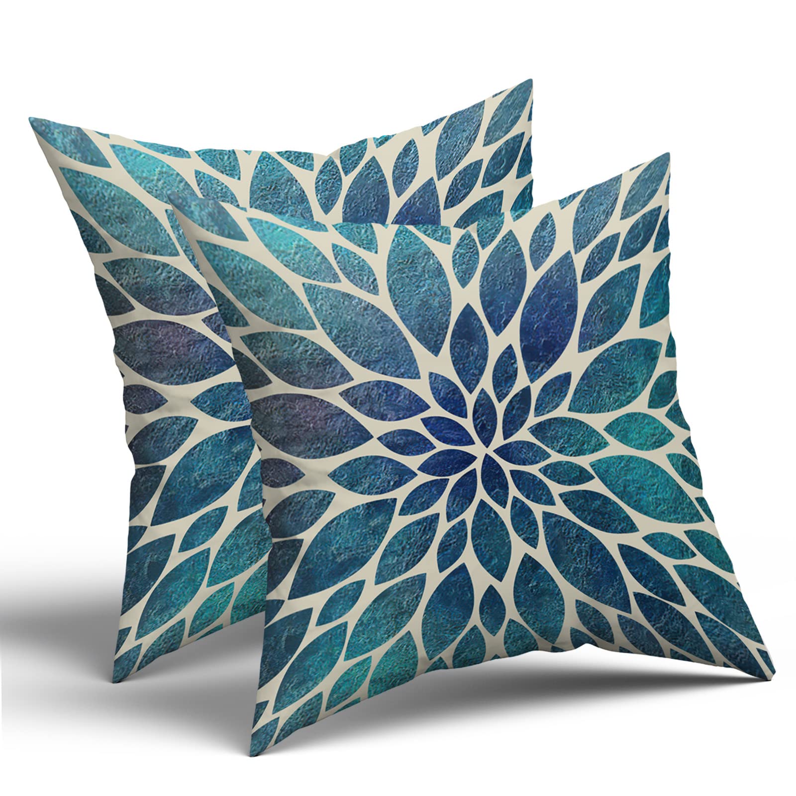 Spring Teal Dahlia Pillow Covers 18X18 in Navy Blue Teal Floral Couch Pillow Cases Modern Abstract Throw Pillows Set of 2 Summer Home Decor for Living Room Bedroom Bed Cushion Outdoor