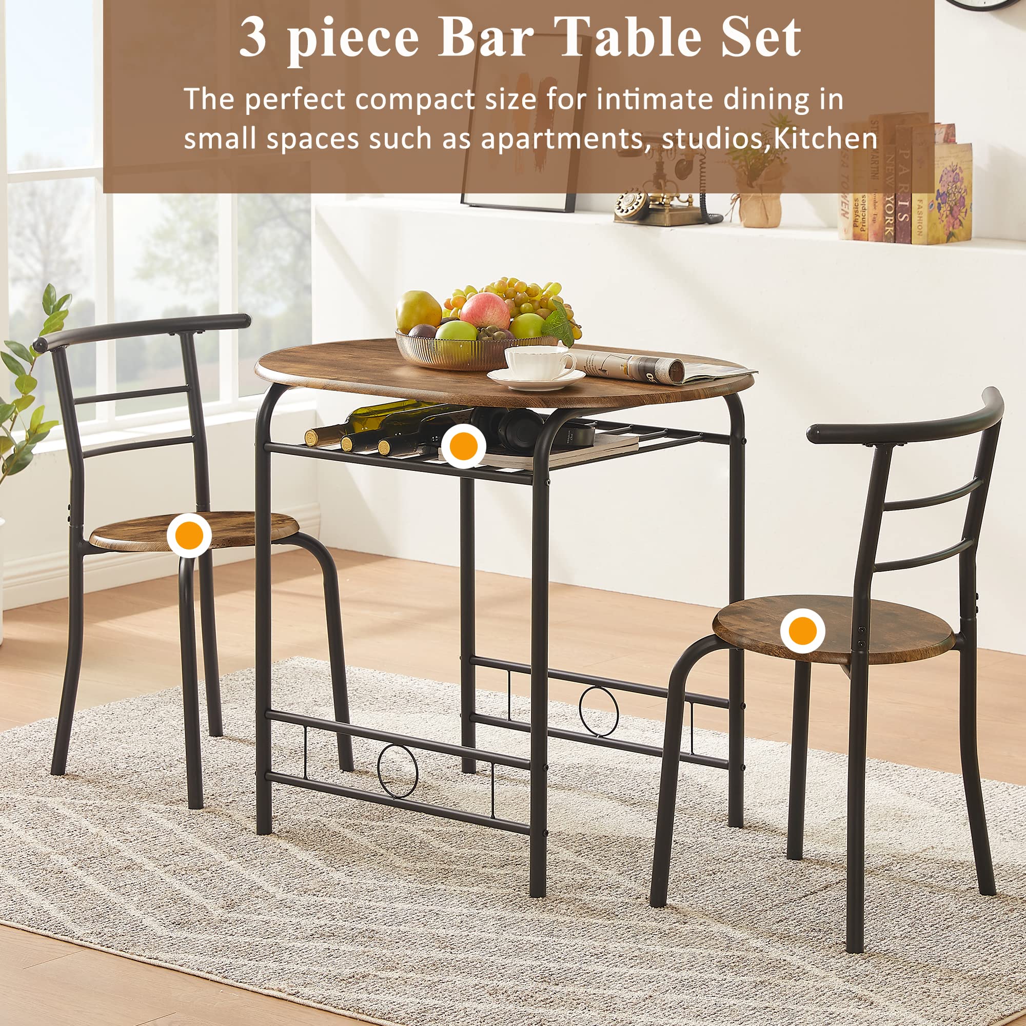 VECELO 3 Piece Small Round Dining Table Set for Kitchen Breakfast Nook, Wood Grain Tabletop with Wine Storage Rack, Save Space, 31.5", Antique & Black