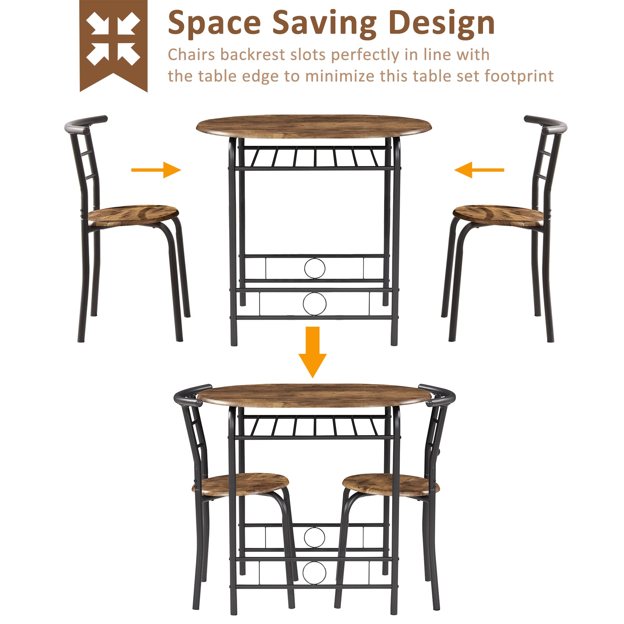 VECELO 3 Piece Small Round Dining Table Set for Kitchen Breakfast Nook, Wood Grain Tabletop with Wine Storage Rack, Save Space, 31.5", Antique & Black