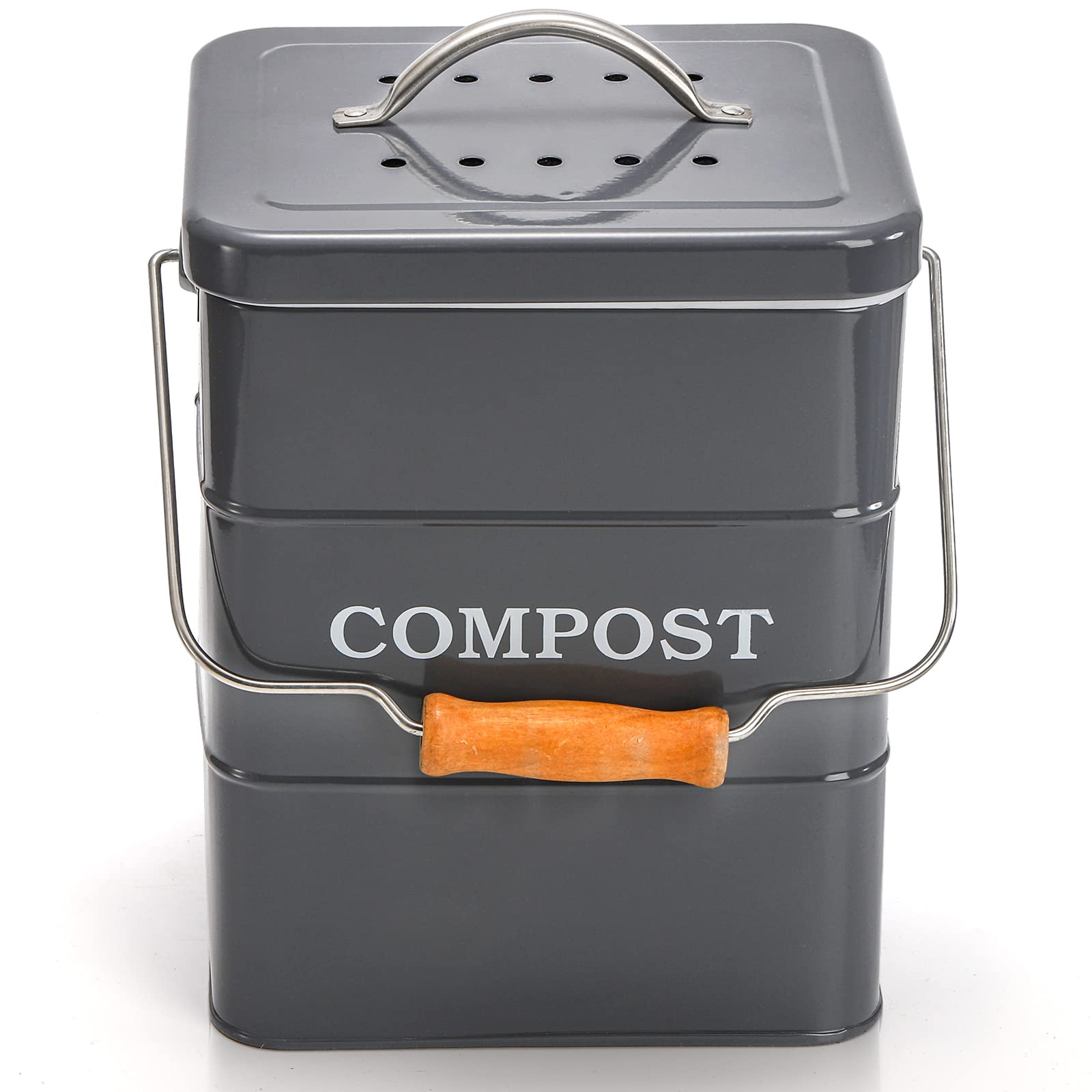 AVLA Compost Bin Kitchen Countertop, 1 Gallon Metal Composter Pail, Food Waste Composting Bucket, Odorless Trash Can with Lid, Scraps Caddy with Charcoal Filter, Counter Trash Keeper Container