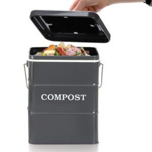 AVLA Compost Bin Kitchen Countertop, 1 Gallon Metal Composter Pail, Food Waste Composting Bucket, Odorless Trash Can with Lid, Scraps Caddy with Charcoal Filter, Counter Trash Keeper Container