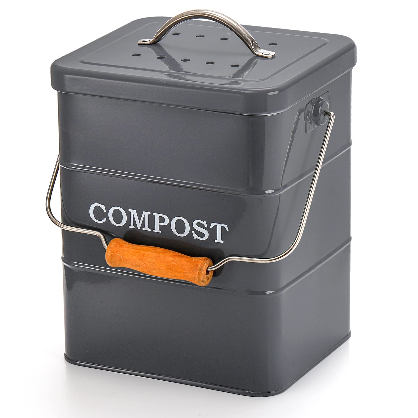 AVLA Compost Bin Kitchen Countertop, 1 Gallon Metal Composter Pail, Food Waste Composting Bucket, Odorless Trash Can with Lid, Scraps Caddy with Charcoal Filter, Counter Trash Keeper Container