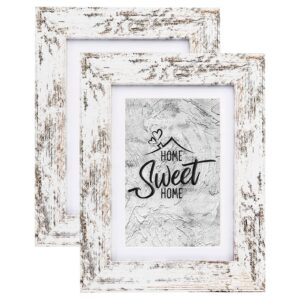 Califortree Rustic White 5x7 Picture Frame - Display Photos 4x6 with Mat or 5x7 Without Mat - Real Glass Frames for Wall and Tabletop - Set of 2