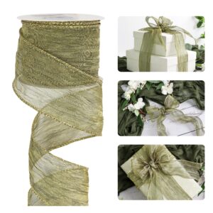 huihuang sage green wired ribbon 2.5 inch moss green silk crushed ribbon metallic wire edge ribbon for gift box wrap bows making wreath supplies wedding holiday christmas tree decor -10 yards