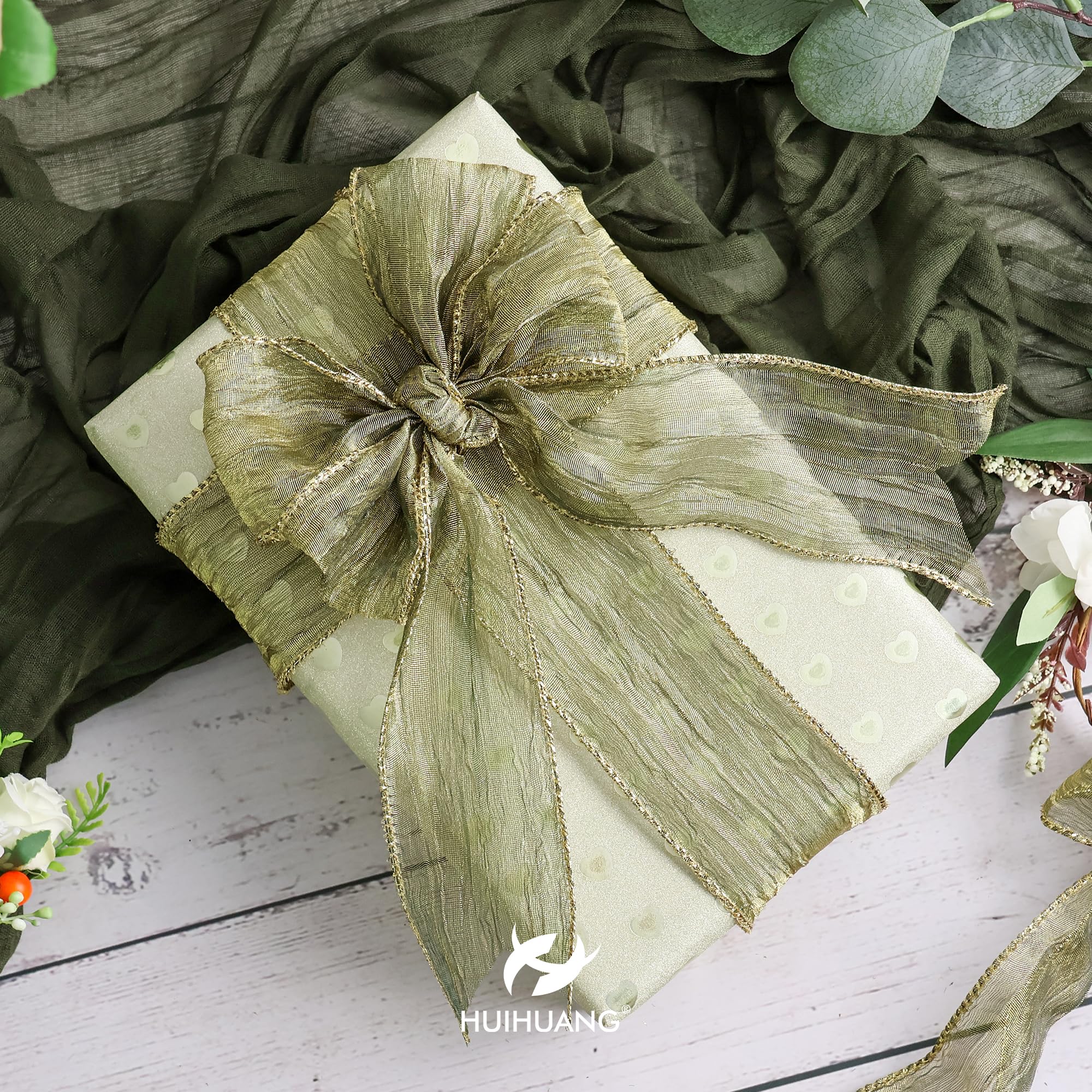 HUIHUANG Sage Green Wired Ribbon 2.5 inch Moss Green Silk Crushed Ribbon Metallic Wire Edge Ribbon for Gift Box Wrap Bows Making Wreath Supplies Wedding Holiday Christmas Tree Decor -10 Yards