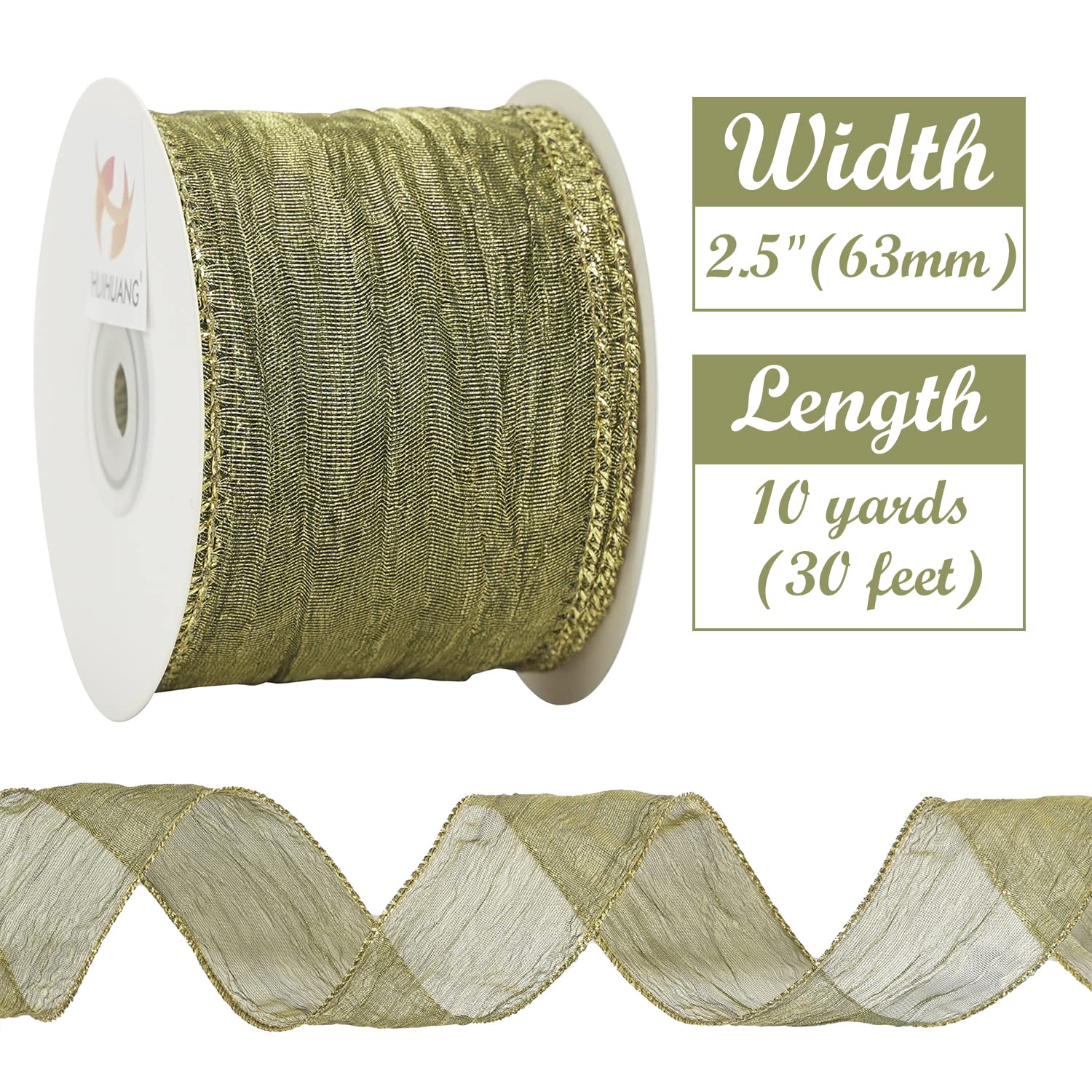 HUIHUANG Sage Green Wired Ribbon 2.5 inch Moss Green Silk Crushed Ribbon Metallic Wire Edge Ribbon for Gift Box Wrap Bows Making Wreath Supplies Wedding Holiday Christmas Tree Decor -10 Yards