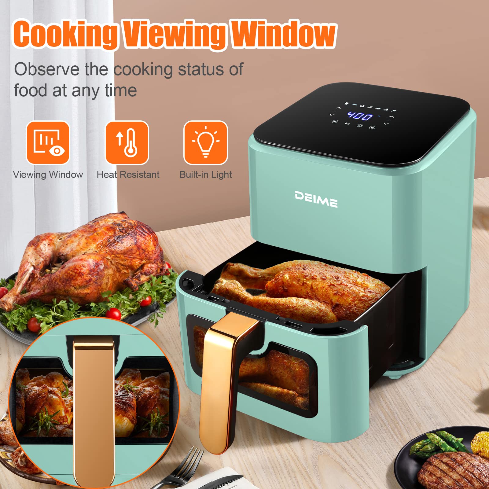 DEIME Air Fryer 4.2 QT Oilless Hot AirFryer 1200W Healthy Cooker Small Oven with 7 Presets, Digital LCD Touch Screen, Visual Cooking Window, Non-Stick Basket, Included Recipe (Green)