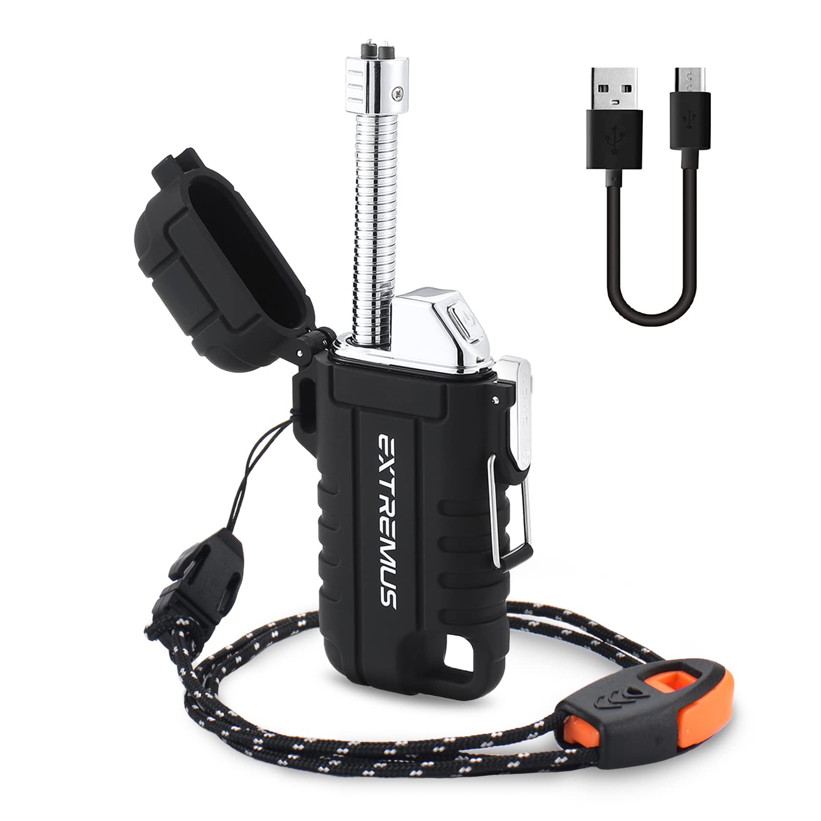 Extremus Blaze 360 Rechargeable Electric Lighters, Dual Arc Lighter, Windproof Plasma Lighter, Waterproof Lighter, Flameless Lighter with Whistle Lanyard for Camping (Black Flex)