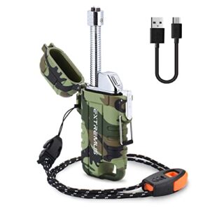 extremus blaze 360 rechargeable electric lighters, dual arc lighter, windproof plasma lighter, waterproof lighter, flameless lighter with whistle lanyard for camping (army green flex)