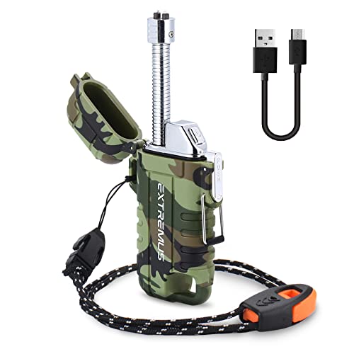 Extremus Blaze 360 Rechargeable Electric Lighters, Dual Arc Lighter, Windproof Plasma Lighter, Waterproof Lighter, Flameless Lighter with Whistle Lanyard for Camping (Army Green Flex)