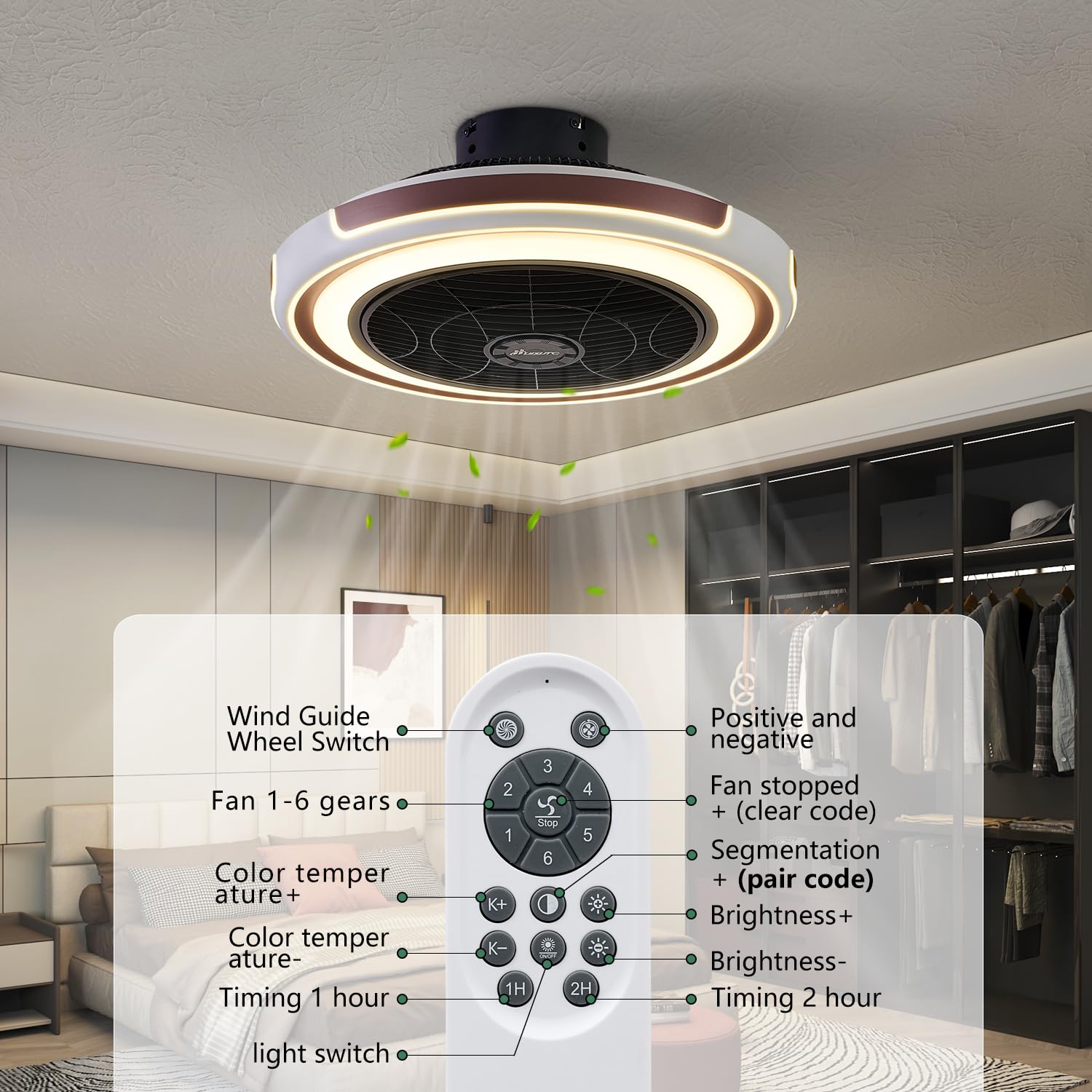 HuixuTe 21" Modern Ceiling Fan with Light Remote Control, 3 Colors 6 Speeds Coffee Bladeless Ceiling Fan, Low Profile Fush Mount Ceiling Fan with Light for Bedroom Living Room