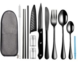 logcow portable travel utensils set,reusable camping cutlery set,stainless steel flatware set with case,lunch boxes workplace camping school picnic (black)