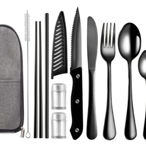 Logcow Portable Travel Utensils Set,Reusable Camping Cutlery Set,Stainless Steel Flatware Set with Case,Lunch Boxes Workplace Camping School Picnic (Black)