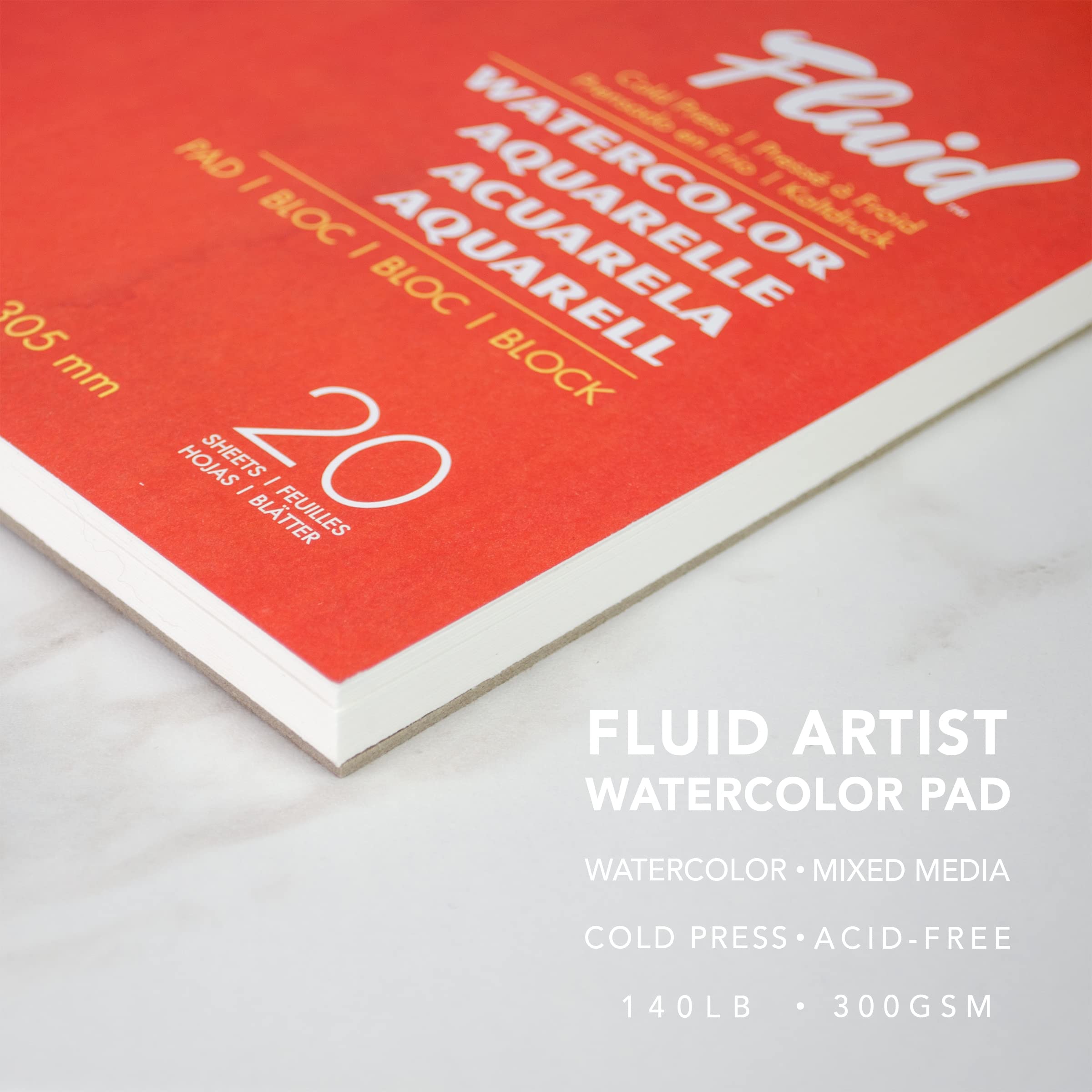 Fluid Artist Watercolor Pad, 140 lb (300 GSM) Cold Press Paper Pad for Watercolor Painting and Wet Media, Fold Over, 12 x 18 inches, 20 White Sheets