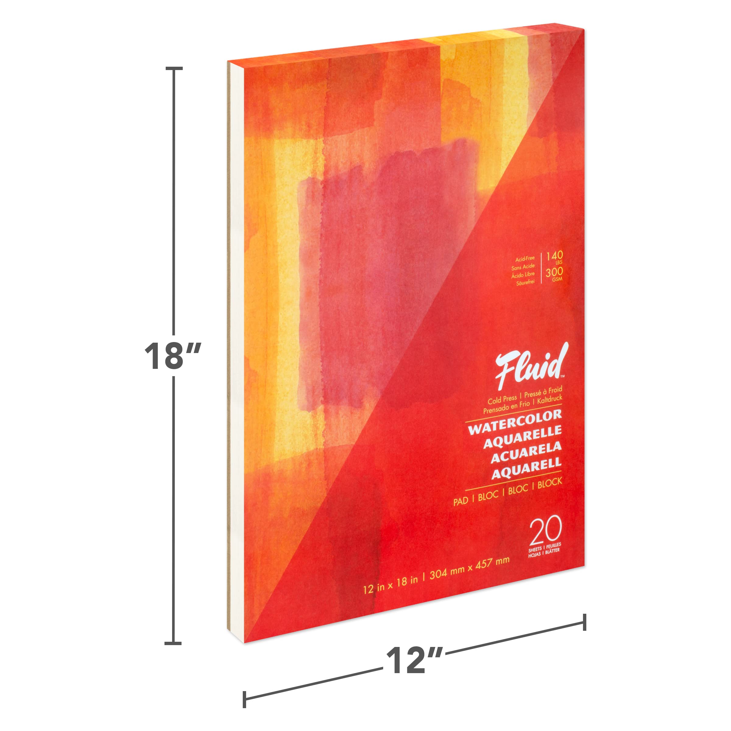 Fluid Artist Watercolor Pad, 140 lb (300 GSM) Cold Press Paper Pad for Watercolor Painting and Wet Media, Fold Over, 12 x 18 inches, 20 White Sheets