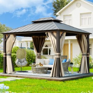 udpatio 10' x 12' hardtop gazebo, outdoor aluminum gazebo with galvanized steel double roof, permanent metal canopy with curtains and netting for patio, garden, lawn, backyard, deck, beige