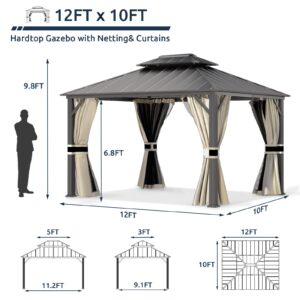 UDPATIO 10' x 12' Hardtop Gazebo, Outdoor Aluminum Gazebo with Galvanized Steel Double Roof, Permanent Metal Canopy with Curtains and Netting for Patio, Garden, Lawn, Backyard, Deck, Beige