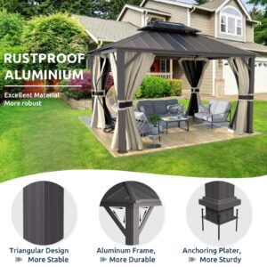 UDPATIO 10' x 12' Hardtop Gazebo, Outdoor Aluminum Gazebo with Galvanized Steel Double Roof, Permanent Metal Canopy with Curtains and Netting for Patio, Garden, Lawn, Backyard, Deck, Beige