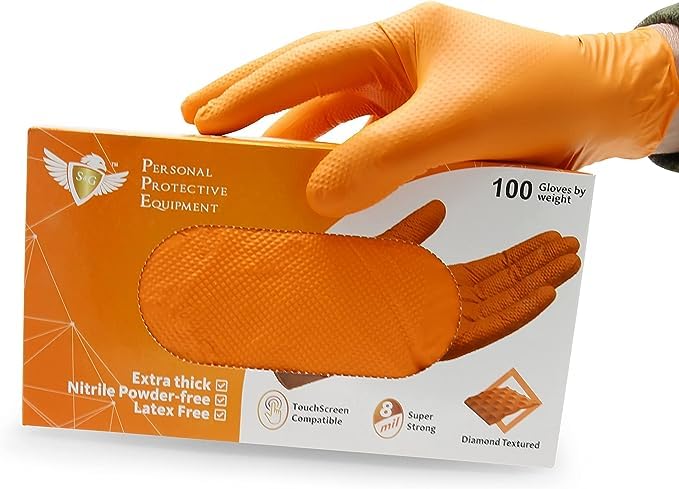 S&G Orange Nitrile Gloves | 100 Pcs | XL | Disposable Latex-Free 8Mil Thick Heavy Duty Powder-Free for Mechanics, Industrial