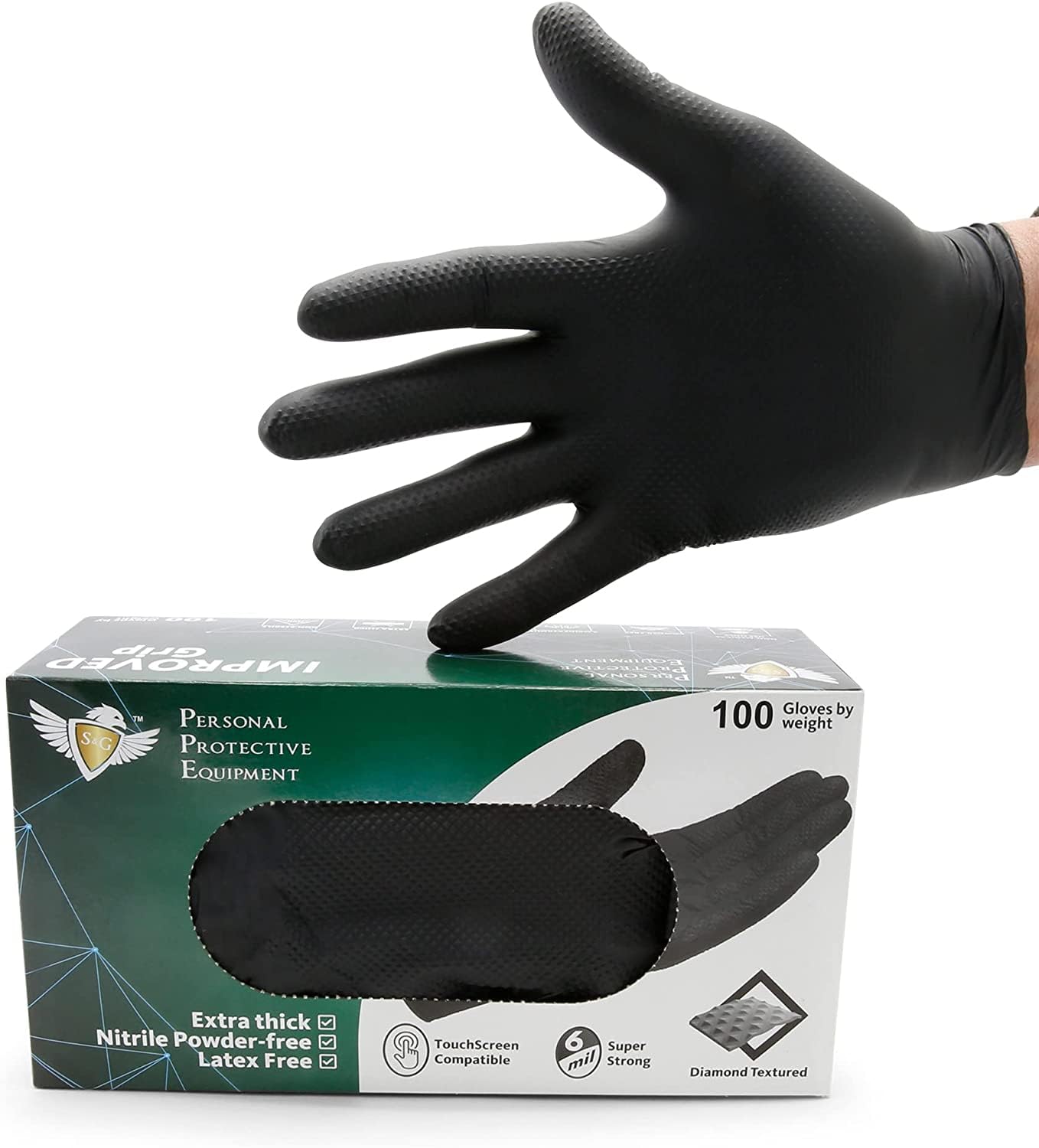 S&G Black Nitrile Gloves Heavy-Duty Latex & Powder Free - For Cleaning, Construction, Mechanic, Food Prep | 6 Mil - 100 | Medium