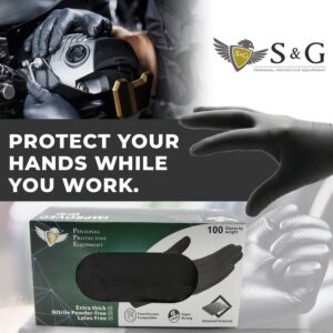 S&G Black Nitrile Gloves Heavy-Duty Latex & Powder Free - For Cleaning, Construction, Mechanic, Food Prep | 6 Mil - 100 | Medium