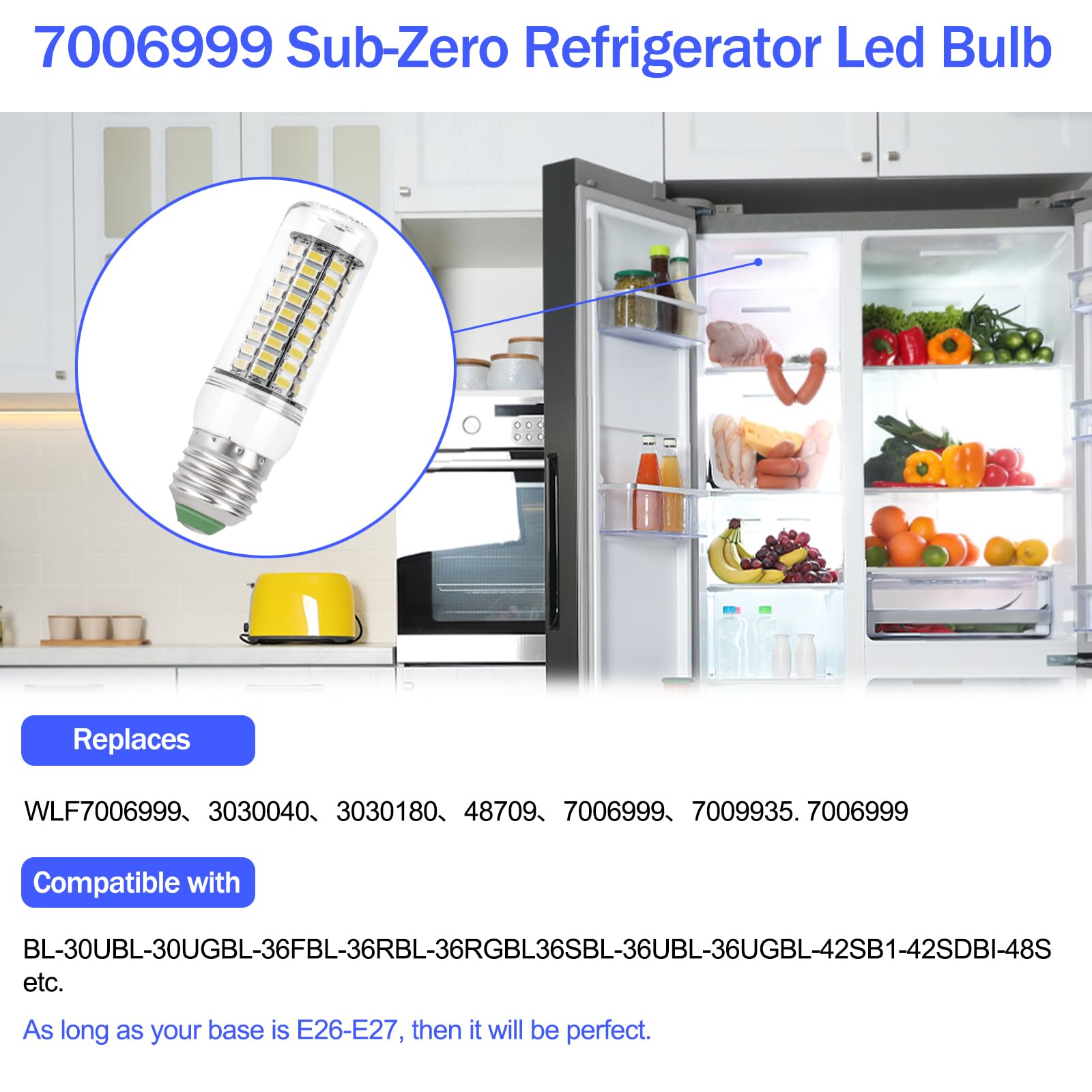 Yooank Refrigerator Light Bulb LED Lamp 7006999 Replacement for Sub-Zero Fridges and Freezers Parts 4380000, BI-Series, 700 Series and IC-27 | Blue LED Lamp (White Light) - 2 Pack