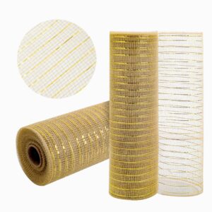 gouzaak 2 rolls champagne deco mesh ribbon 10 in x 30 ft, metallic deco mesh rolls for holiday decorating diy wreath supplies christmas tree halloween decoration gift wrapping,floral