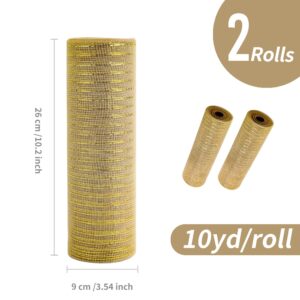 GouZaak 2 Rolls Champagne Deco Mesh Ribbon 10 in x 30 ft, Metallic Deco Mesh Rolls for Holiday Decorating DIY Wreath Supplies Christmas Tree Halloween Decoration Gift Wrapping,Floral