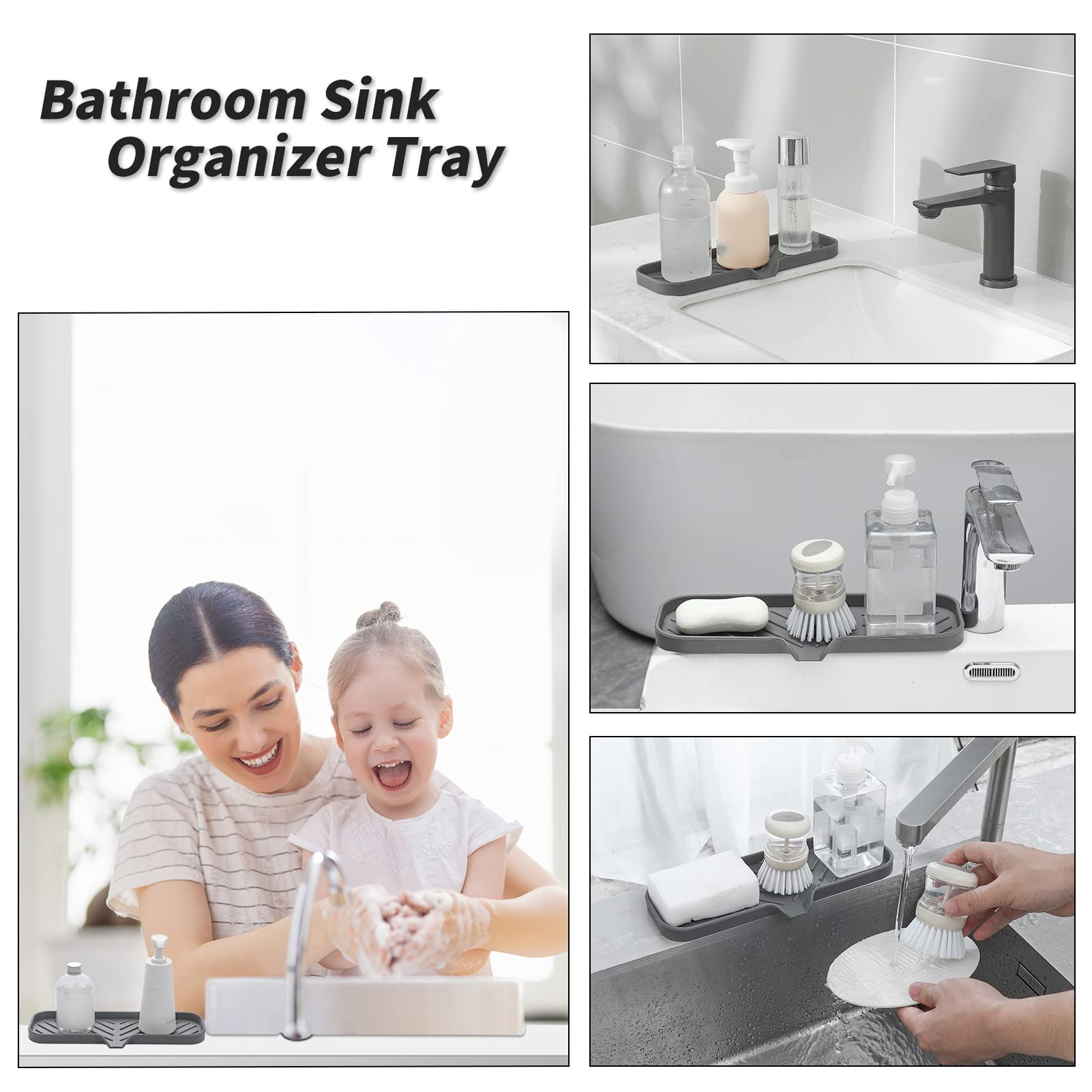 MicoYang Silicone Bathroom Soap Dishes with Drain Spout-Bathroom and Kitchen Sink Organizer,Sponge Holder,Dish Soap Tray,Perfect for Dispenser,Scrubber,Bottle,Cup on Sink or Counter-Grey 12"×4"