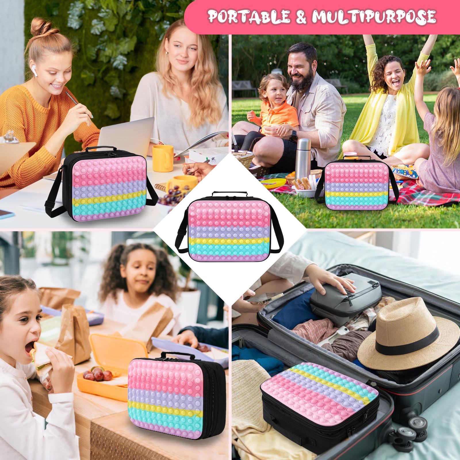 Pop Lunch Box for Girls,Girls Reusable Lunch Box for School,Insulated Cooler Lunch Food Containers with Adjustable Strap,Push Bubble Waterproof Lunch Bag Large Capacity Lunch Boxes Tote Bag for Girls