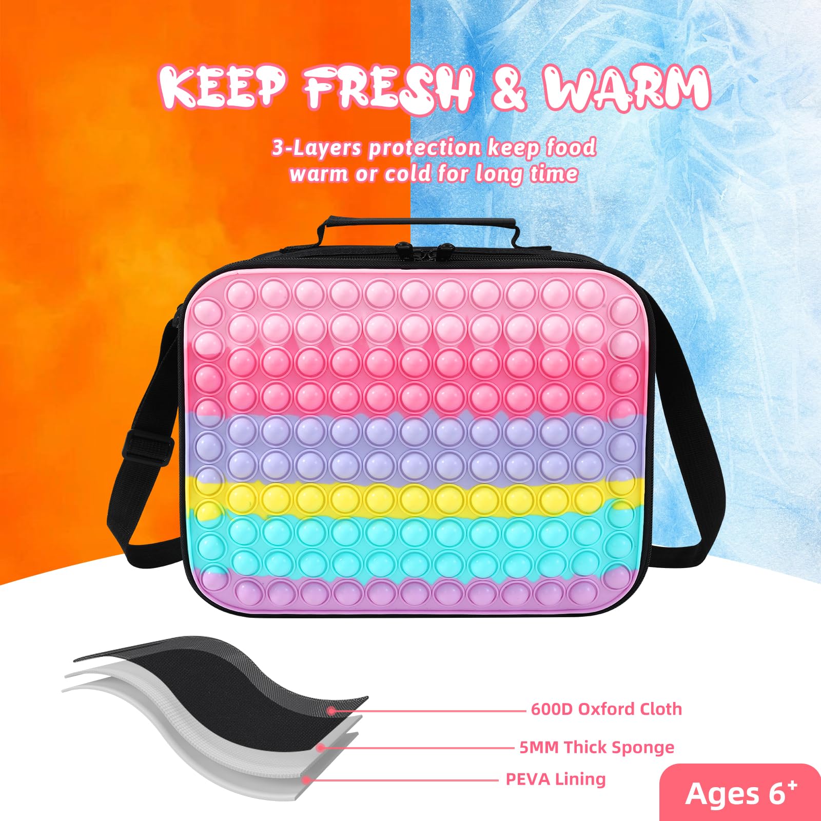 Pop Lunch Box for Girls,Girls Reusable Lunch Box for School,Insulated Cooler Lunch Food Containers with Adjustable Strap,Push Bubble Waterproof Lunch Bag Large Capacity Lunch Boxes Tote Bag for Girls