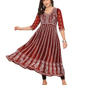 EthnicJunction Women's Georgette Chikankari Embroidery Anarkali Kurta (X Large) (Rust Orange)