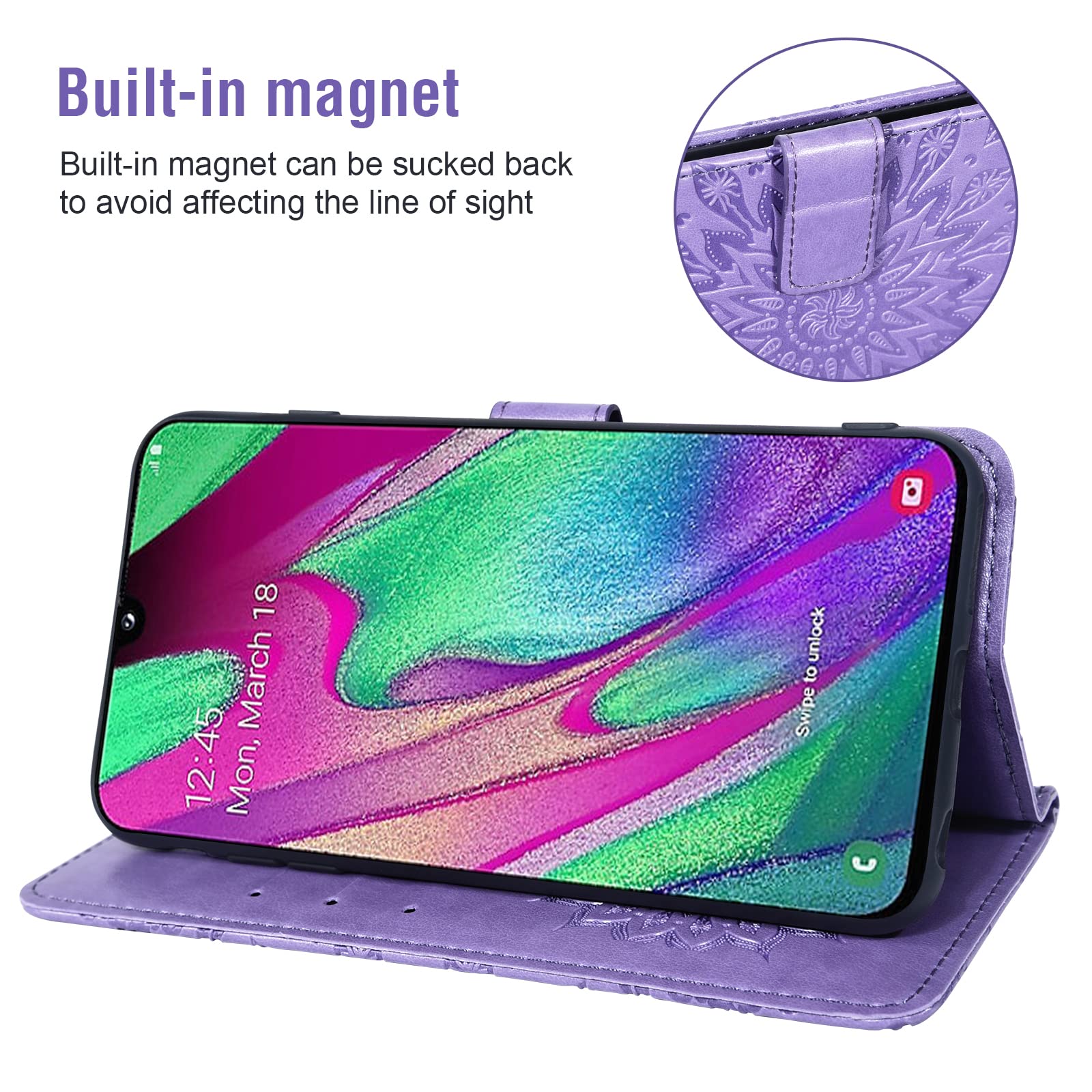 Phone Case for Samsung Galaxy A40 Wallet Cases with Tempered Glass Screen Protector and Leather Slim Flip Cover Card Holder Stand Cell Accessories Glaxay A 40 GlaxayA40 40a SM-A405F Women Purple