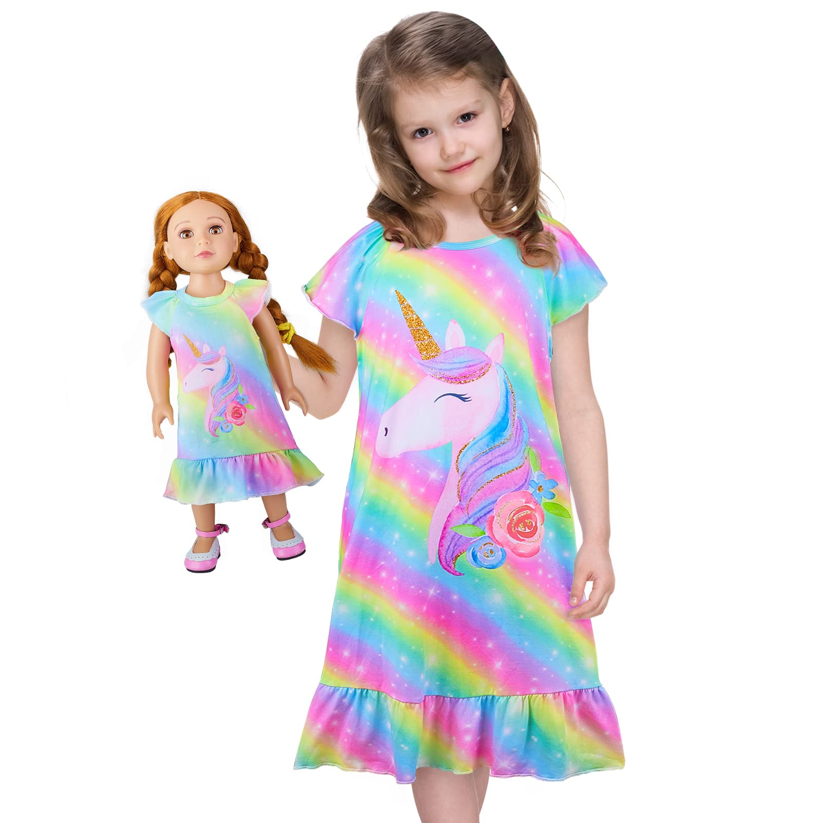 ICOSY Matching Girls & Doll Nightgowns Clothes Unicorn Pajamas Sleepwear Outfit for Girls and American 18" Girl Doll Rainbow