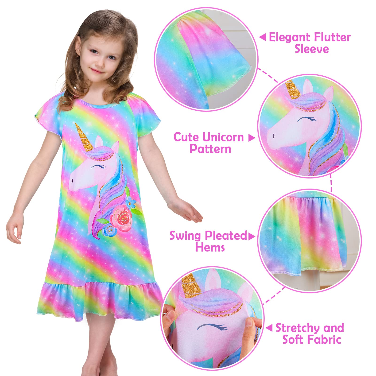 ICOSY Matching Girls & Doll Nightgowns Clothes Unicorn Pajamas Sleepwear Outfit for Girls and American 18" Girl Doll Rainbow