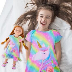 ICOSY Matching Girls & Doll Nightgowns Clothes Unicorn Pajamas Sleepwear Outfit for Girls and American 18" Girl Doll Rainbow